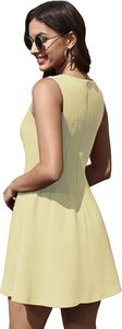 Vestido Mini sin Mangas con Cuello Redondo, Corte en A, Color Amarillo Sólido, Casual, Veraniego, Transpirable, con Bolsillos, Estilo Tejido Ajustado - Product Image 4