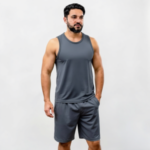 Conjunto de camiseta sin mangas y pantalones cortos con estampado geométrico para hombre, cuello redondo, de secado rápido, tejido de poliéster, estilo deportivo, para verano. - Product Image 4