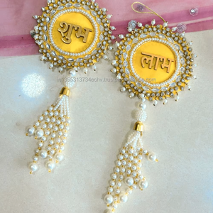 ของตกแต่งผนังแบบอินเดียดั้งเดิม ชูบห์ ลับห์ สำหรับเทศกาล ประดับประตู ตกแต่งบ้าน สำนักงาน รูปทรงดอกไม้ สำหรับเทศกาลดีวาลี ประดับด้วยลูกปัดคุนดันหลากสี - Product Image 3