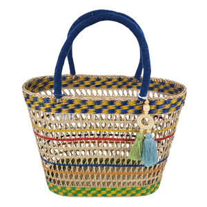 Handwoven Seagrass Vintage Tote with Open Closure Multicolor Stripe Pattern Tassel Decor Natural <b>Woven</b> Beach Shopping <b>Bag</b> - Product Image 2