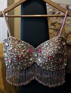 COTTON COUTURE Débardeur bustier pour femme, orné de perles et de paillettes, vert émeraude, à franges, style corset bralette, motif géométrique, sexy - Product Image 3