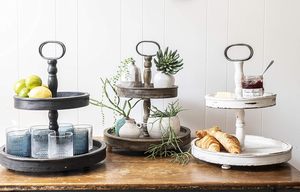 Handmade Wooden Two-<b>Tier</b> Serving Tray With Metal Handle Multi-Layer <b>Cake</b> Stand - Product Image 6