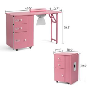 Table de manucure pliante moderne rose en MDF avec 2 tiroirs et 1 porte pour salon de manucure, usage domestique, en bois - Product Image 5