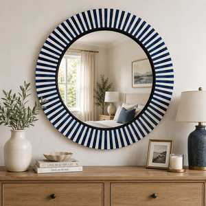 High Quality Antique Bone Inlay Round Pattern With Blue <b>White</b> Stripe <b>Mirror</b> Frame Furniture for Living Room Unique Wall Decor - Product Image 3