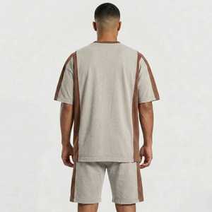 Ensemble décontracté d'été pour homme, t-shirt col rond beige et marron et short assorti, color block, tissu tricoté respirant - Product Image 2