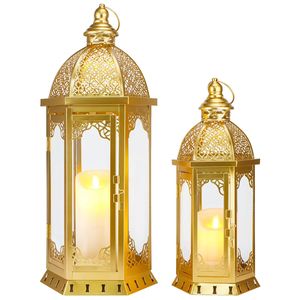 Hand Crafted Golden Lantern Pair Hexagonal Shape Intricate Lattice Metalwork Glass Panel <b>Domed</b> Top Hanging <b>Ring</b> Candle Ambient - Product Image 1