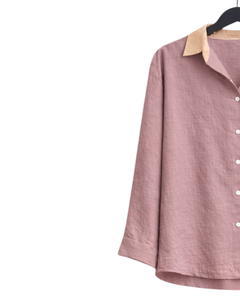 Ensemble deux pièces décontracté pour femme : chemise rose poudré et pantalon large beige en coton et lin avec poches brodées – Idéal pour l'été - Product Image 3