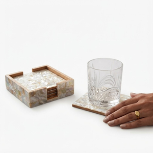 Exclusive Square Mother of Pearl Inlay <b>Coasters</b> <b>Set</b> <b>with</b> <b>Holder</b> Handmade Wooden Base Shell Drink <b>Coasters</b> for Hotel Restaurant - Product Image 1