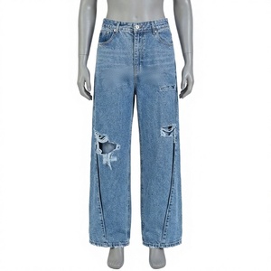 Men's High Waist Wide Leg Distressed Denim <b>Jeans</b> With Ripped Detail And Front Logo <b>Punk</b> Style Autumn Wear - Product Image 1