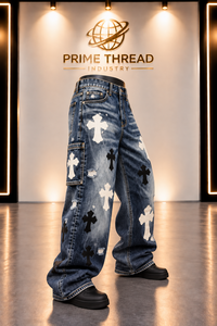 Custom Vintage Washed Baggy <b>Jeans</b> <b>Men</b> Cross Applique Distressed Wide Leg Denim Pants Y2K Streetwear Trousers Unisex Denim Pants - Product Image 5