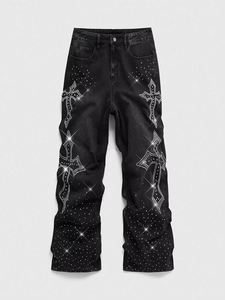Jeans Negros Góticos para Hombre, Decorados con Cruz de Pedrería, Corte Recto, Cintura Media, Adornados con Cristales, Estilo Otoñal - Product Image 2