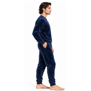 <b>Mens</b> Velvet Fabric Tracksuit Crew Neck Sweatshirt Subtle Chest Motif Jogger <b>Pants</b> Ribbed Cuffs Casual Two Piece <b>Lounge</b> Wear Suit - Product Image 3