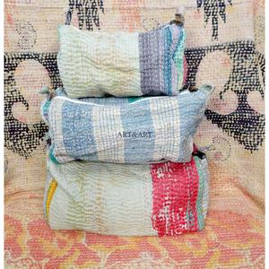 100% Pure Cotton Kantha Fabric Tassel Pattern Zipper Closure Eco-Friendly Durable Large <b>Makeup</b> Bag Pouch Set Soft Handle - Product Image 6