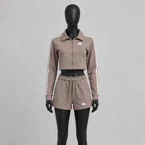 Conjunto Deportivo de Dos Piezas para Mujer, Color Sólido, Manga Larga, Cierre Frontal, Pantalones Cortos Casuales, Otoño, Transpirable, Ligero, Poliéster - Product Image 1