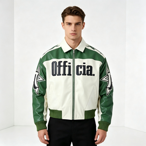 Blouson de moto imperméable en cuir PU pour homme TITAN TREAD WEAR, vert et blanc, avec fermeture éclair sur le devant et imprimé lettres, style motard - Product Image 4