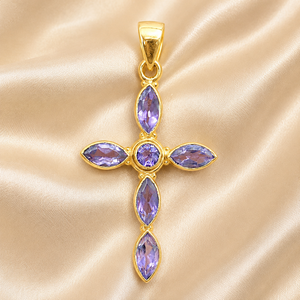Colgante de Cruz de Plata de Ley 925 con Amatista Natural, Gema Marquesa, Collar Religioso, Amuleto Hecho a Mano, Joyería Vintage, Regalo - Product Image 1