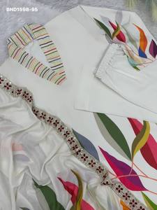 Designer Beautiful Muslin Cotton with Digital Big-Leaf Colorful Print Straight Long <b>Kurti</b>-Dupatta & Plain Pant Set Woman Fashion - Product Image 3