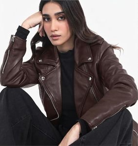 Women's Genuine Leather Motorcycle Jacket Brown Stand Collar <b>Zipper</b> Closure Full Sleeve Biker Style Autumn Wear - Product Image 2