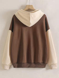 Sudadera con Capucha para Mujer, Color Marrón con Bloques de Color, Hombros Caídos, Manga Larga, Tejido Oversize con Bolsillos, para Otoño - Product Image 2