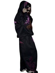 OEM High Quality Winter Cyberpunk <b>Tracksuit</b> Men <b>Women</b> Custom <b>Purple</b> Gradient Print Black Hooded Vintage Washed Loose Sweatsuit - Product Image 1