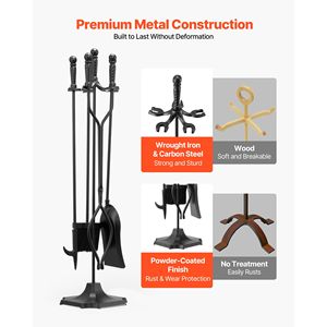 Set di Attrezzi per Caminetto 5 Pezzi con Supporto in Ferro Battuto, Pinze, Paletta, Spazzola, Braciere e Porta Legna - Product Image 3