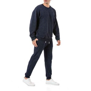 Survêtement en coton bleu marine pour homme, col rond, longueur intégrale, couleur unie, coupe décontractée, avec poches latérales, vêtements d'automne - Product Image 2