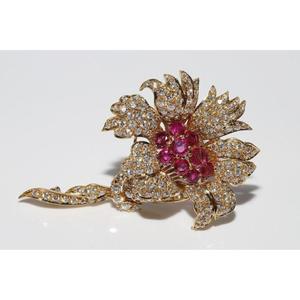 Broche de Boda Vintage de los Años 80, Oro de 14k y Plata 925 con Moissanita, Rubí y Diamante, Certificado por GRA, 7.90CT - Product Image 1
