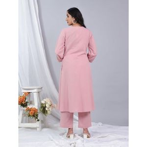 <b>Linen</b> Cotton Pink A-line Solid Summer Woven Knee-Length Festival Wear Kurta Set with Dupatta for Women - Product Image 2