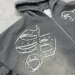 Conjunto de chándal de invierno para hombre, estilo streetwear, con decoración de perlas, lavado descolorido, corte acampanado, bajo sin rematar, efecto descolorido por el sol, holgado y de talla grande, con joggers - Product Image 4