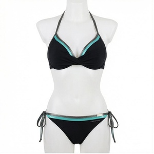 Ensemble bikini noir pour femme avec haut dos nu à bordure contrastante vert sarcelle et bas à nouer sur les côtés - Product Image 1