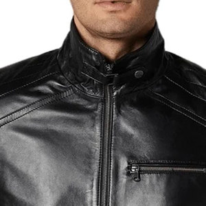 Men's Black Genuine Leather Waterproof <b>Slim</b> <b>Fit</b> Zip Front Motorcycle Style Biker Coat with Criss-cross Decoration and Sheep Fur - Product Image 6