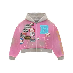 Pink Grey Patchwork <b>Zip</b> Hoodie | Heavy Graphic Collage Oversized Streetwear Jacket | Custom OEM Apparel - Product Image 1