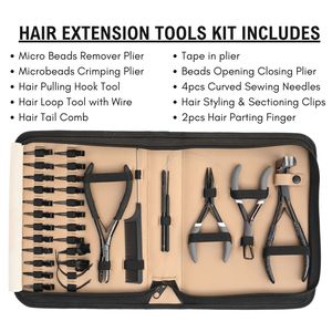 Kit d'outils pour extensions capillaires : crochet de tirage, boucle de fil, micro-perles, outil de dépose de micro-perles, pince à ouvrir/fermer, peigne à queue pour extensions adhésives, aiguille, pince à doigt - Product Image 2