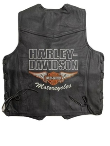H-D Men's Genuine Leather Waterproof Breathable Windproof Autumn Moto <b>Vest</b> Embroidered Logo Back Solid <b>Black</b> Outer Wear - Product Image 3