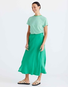 กระโปรงผ้าลินินทรงสวยทันสมัย เอวยางยืด ผ่าข้าง แต่งชายรุ่ย 100% ผ้าลินิน สีเขียวแอปเปิ้ล สำหรับผู้หญิง - Product Image 4