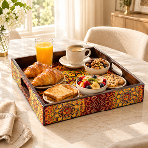 Plateau de service décoratif en bois avec motif mandala émaillé |   Plateau carré de 11 pouces avec poignées découpées, table multifonctionnelle pour mariage et repas - Product Image 4