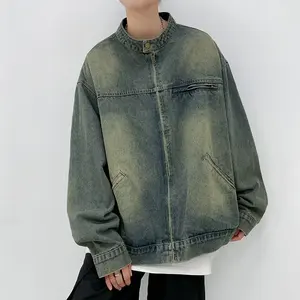 Veste de moto américaine en jean délavé Hommes Femmes Retro Zipper Design Gradient Baseball Jackets Unisex Stand Collar Cargo Coat- - Product Image 1