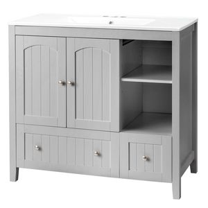 Mobile Bagno Grigio 91x46x82cm in MDF Laccato con Doppia Anta e 2 Cassetti, Decorativo in Legno Massello, da Terra, Impermeabile - Product Image 6