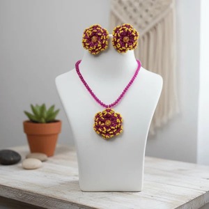 Direct Factory Supply Fuchsia Haldi Bloom <b>Beaded</b> Jewellery <b>Set</b> Handmade Floral Ethnic Jewelry for Women Available At Best Price - Product Image 3
