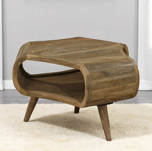 Table basse de salon en bois de manguier, hexagonale, rétro, faite à la main, avec bords incurvés et trois compartiments de rangement ouverts - Product Image 5