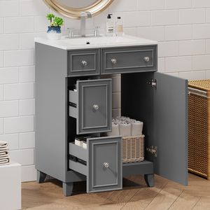 Mobile Bagno Grigio da 24 Pollici con Lavabo in Ceramica e 1 Anta Soft-Close, 2 Cassetti - Product Image 1