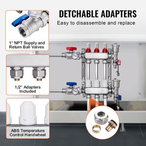 Collettore a 3 Vie da 1/2'' per Tubi PEX, Collettore in Acciaio Inox per Riscaldamento a Pavimento Idronico, Componenti per Sistemi HVAC - Product Image 3
