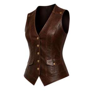 Chaleco Gótico de Cuero Vacuno Negro 100% Original VIBE SEWN OEM para Mujer, Cuello en V, Doble Botonadura, Resistente al Viento, con Bolsillos Laterales, Sin Mangas - Product Image 3