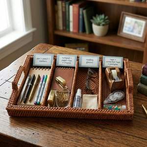 Plateau à couverts rectangulaire en rotin tressé à la main King Craft Viet avec compartiments - Product Image 6