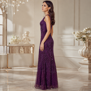 Women's Luxury Modern Purple <b>Sequin</b> Draped Evening Gown Sleeveless V Neck Embellished Maxi Dress Formal Party Prom Wedding - Product Image 3