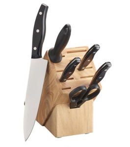 Ensemble de couteaux de cuisine à manche noir et lames argentées avec support en bois brun clair, ciseaux et aiguiseur pour trancher et hacher - Product Image 4
