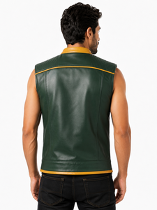 Gilet en cuir pour homme de qualité supérieure avec surpiqûres soignées, doublure intérieure lisse, poches pratiques et style classique pour la moto, les activités de plein air et les voyages. - Product Image 5