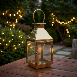 Stylish <b>Gold</b>-Plated Stainless Steel Mini <b>Lantern</b> with Glass Perfect for Tabletop Decor at Weddings and Parties - Product Image 1