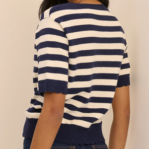 Women Striped Knitted <b>Short</b> <b>Sleeve</b> <b>Crop</b> <b>Cardigan</b> Button Up Collar Nautical Style Summer Casual 100% Cotton - Product Image 3