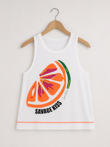 Savage Kiss Camiseta sin mangas para mujer, color blanco, estampado de frutas naranjas, sin mangas, cuello redondo, informal, de verano - Product Image 1